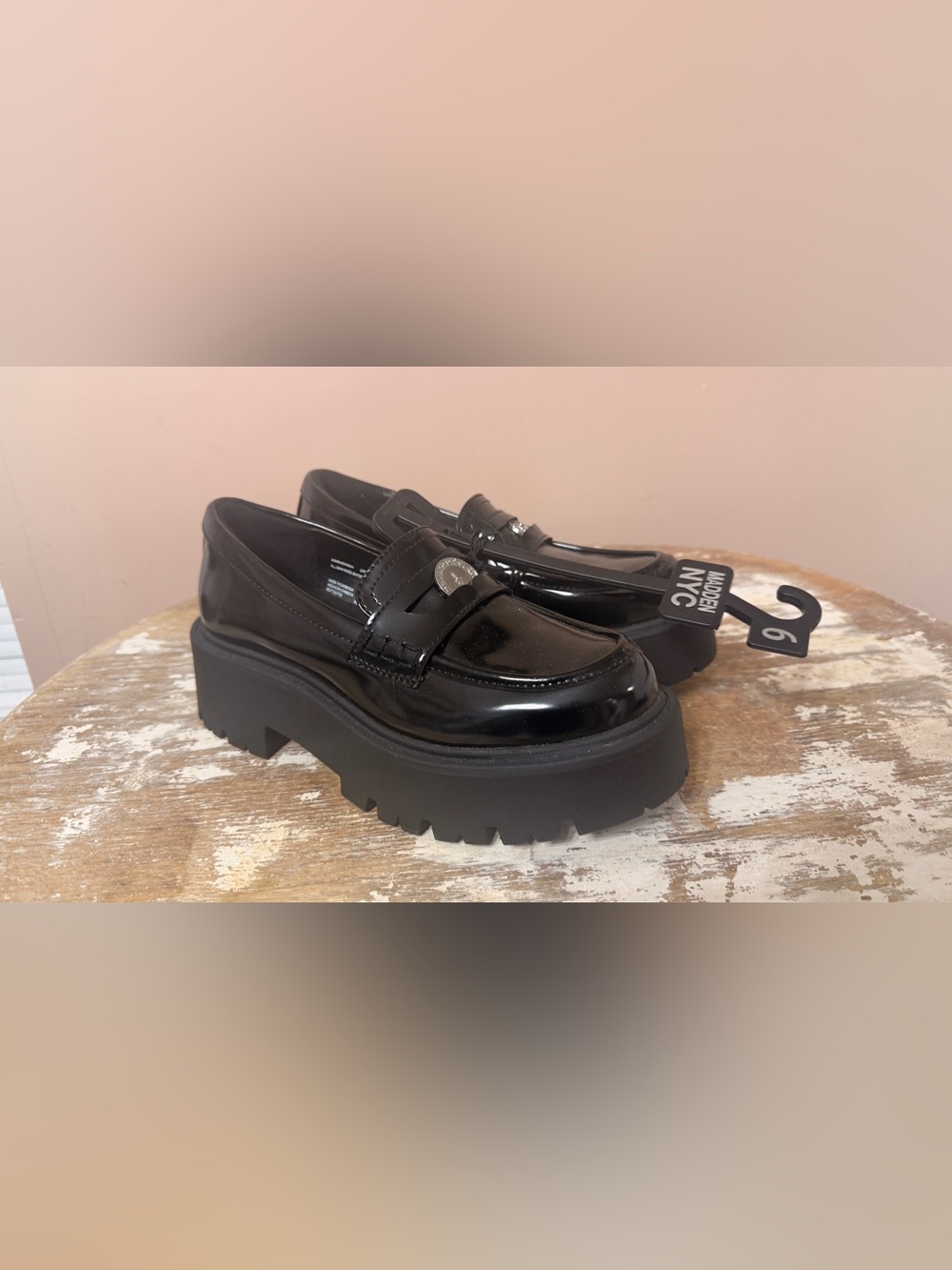 NWT Steve Madden Black Patent Platform Penny Loafers with Silver Medallion